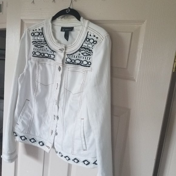 Jean jacket women white beaded trim INC size S - Picture 2 of 8